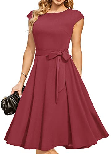 DRESSTELLS Cocktailkleid Damen Elegant 1950er Knielang Rockabilly Hochzeitkleid Vintage Abendkleid Kurz Swing Festlich Midilang Sommer Kleid Raspberry XL