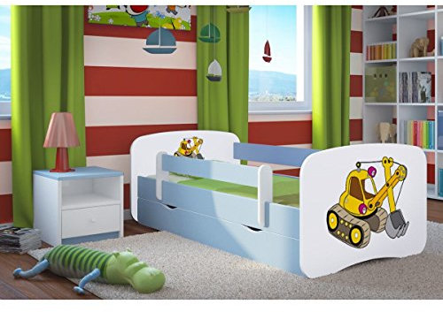 KOCOT Baby Dream Kinderbett Jugendbett Blau mit Rausfallschutz Matratze Schublade und Lattenrost - 57 Motive (140x70, Bagger)
