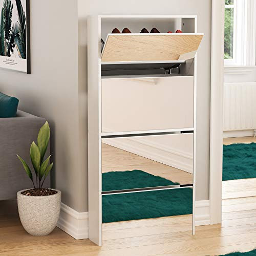 Vida Designs Welham 4 Drawer Mirrored Shoe Cabinet, Hallway Cupboard Storage Organiser, Footwear Stand Rack, Wood Sideboard Unit, White