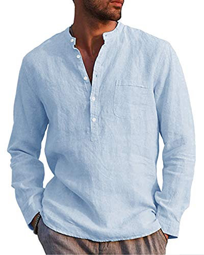 AUDATE Mens Button Up Shirts Linen Beach Long Sleeve Casual Cotton Summer Tops SkyBlue L