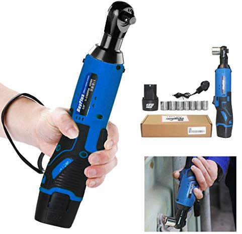 3/8 Inch Electric Cordless Ratchet Wrench 40Nm Right Angle Wrench + 2 x 1500mAh Batteries, LED Working Lights Electric Ratchet Wrench Forward/Reverse Function (Blue)