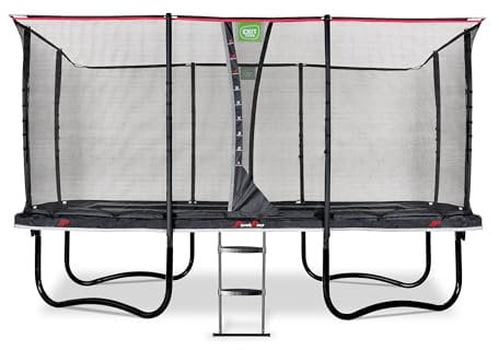 EXIT Toys PeakPro Rechteckiges Trampolin - 244x427cm - Mit Sicherheitsnetz, Sprungzähler und Trampolinleiter - Reflektierender Schutzrand - Mit Fußschutzsystem - Rostfrei - Für Kinder - Schwarz