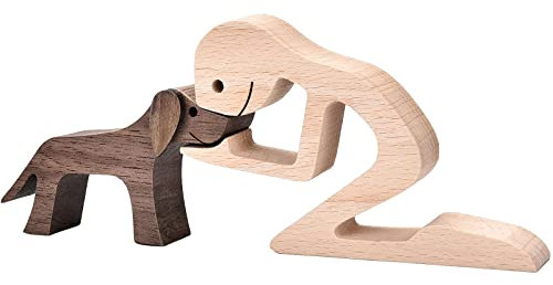 KINGNOW Figuren Wohnkultur Holzskulptur Männer und Hund Zweiteilige Dekoration Heimgeschenke