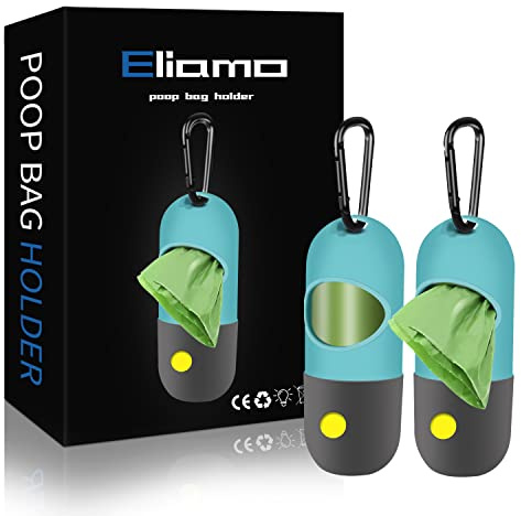 2 Pack Dog Poop Bag Dispenser with Built-in LED Flashlight, Pet Waste Bag Holder for Leash with Carabiner Clip for Lead Leash, 2 Rolls Leak-proof Doggy Waste Bags for Dog Walking, Blue,Eliamo