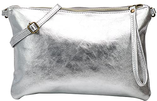 SH Leder Echtleder Umhängetasche Clutch im vintage look mittelgross Tasche Abendtasche 33x22cm Clara G396 (Silber)