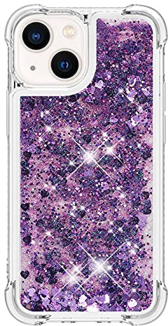 iPhone 13 Mini Case Glitter, 3D Bling Sparkle Quicksand Flowing Liquid Clear Transparent TPU Gel Silicone ShockProof Protective Phone Case for iPhone 13 Mini Cover Girls, Purple