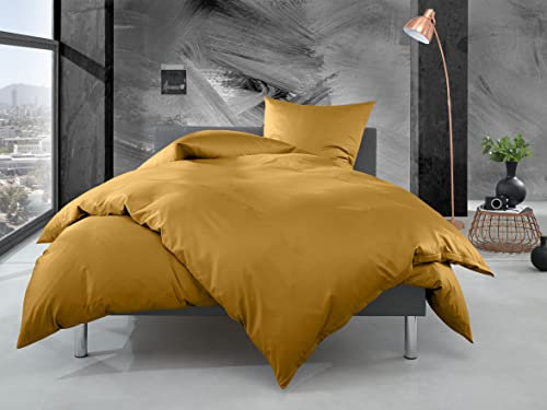 Bettwaesche-mit-Stil Mako Perkal Bettwäsche Uni einfarbig Gold (Garnitur 155x220 + 80x80 cm)