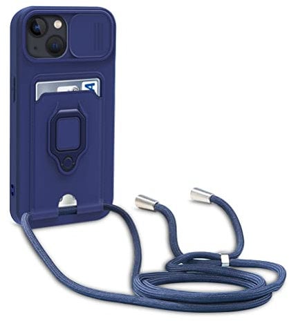 yanasuo Schiebe Kameraschutz Silikon Handykette Hülle kompatibel mit iPhone 13, Metall Ring Halter Handy Cover,Verstellbarer Halskette Handyhülle-Blau