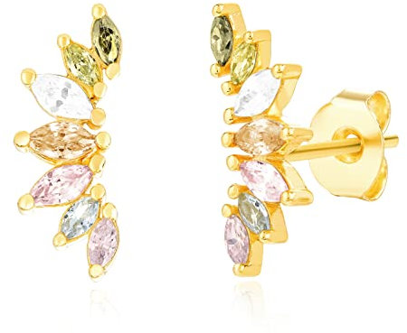 Brandlinger ® Ohrstecker Gold. Ohrstecker Blume mit bunten Zirkonia, Schmuck Damen vergoldet mit 18 Karat Gold für Frauen und Mädchen. Größe der Ohrringe Blumen 13mm.
