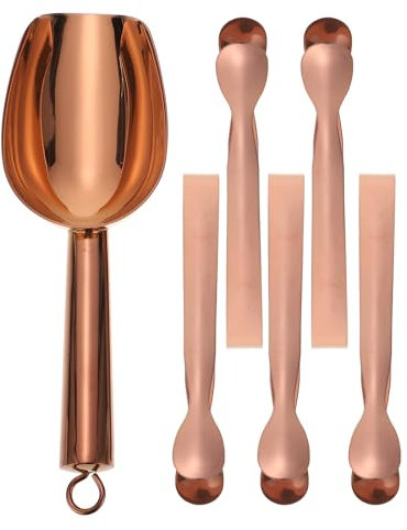 Operitacx Stainless Steel Ice Scoop and Tongs Set, 1pc Ice Scoop and 5pcs Coffee Sugar Cubes Serving Tongs for Bar Buffet Food Flour Restaurant Kitchen Wine Rice Rose Gold