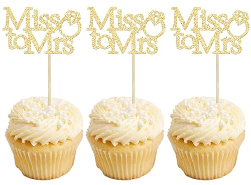 Gyufise 24Pcs Miss to Mrs Cupcake Toppers with Ring Bridal Shower Cupcake Picks Decorations for Wedding Engagement Birthday Party Cake Decorations Supplies Gold