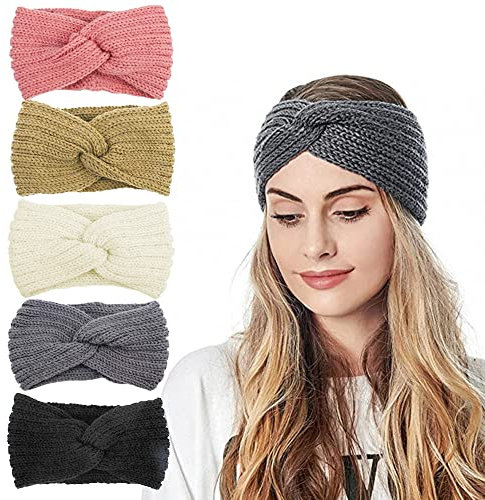 QINERSAW 5 PCS Bandeau Cheveux Hiver en Laine Tricoté Serre-Tête Cache Oreille pour Femme, 21 * 11cm