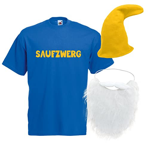 Alsino Saufzwerg Kostüm Set Bart Mütze JGA Party Bier Sauf Verkleidung - Rundhals, 100% Baumwolle - Das trinkfeste Kostüm, blau, M