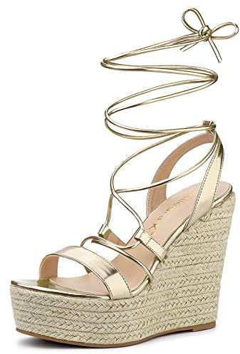 Allegra K Damen Espadrilles Plateau Wedges Heel Lace Up Sandalen, Gold, 38.5 EU