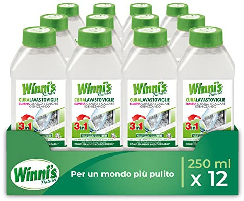 Winni's - Cura Lavastoviglie, Azione Igienizzante e Sgrassante, Elimina il Calcare, con Materie Prime di Origine Vegetale e Bio, 250 ml x 12 Confezioni