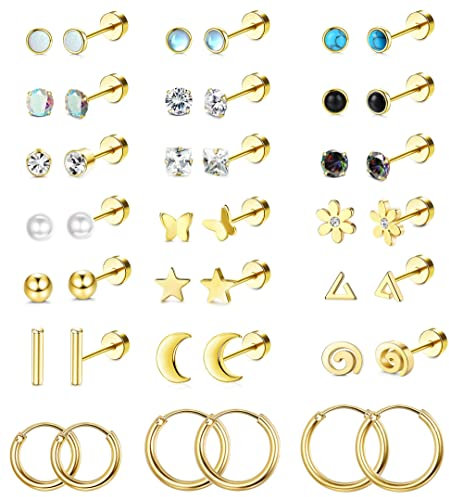 FIOROYAL 21Paar 20G Kleine Ohrringe Set für Damen - Chirurgenstahl Medizinische Ohrstecker Creolen Set, Schmetterling Blume CZ Damenohrringe, Gold Silber Helix Tragus Piercings Ohr Schmuck Gold
