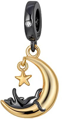 BEEUVIP Damen Katze und Mondstern Charm Anhänger für Armband 925 Sterling Silber Geburtsstein Charms Beads passend für Armband