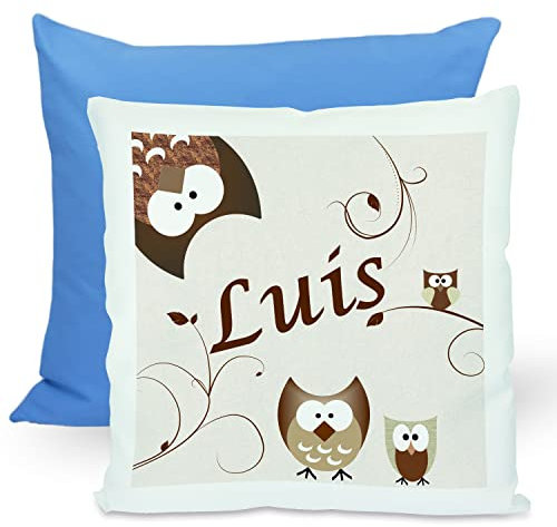 CreaDesign, Kinder Kissen 40x40 cm personalisiert mit Namen, Kinderzimmer Deko Kissen Kinder mit Füllung Federn, Motiv Eule beige, Rückenfarbe Blau