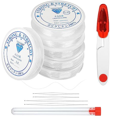 6 Roll Clear Elastic String for Bracelet Making, Invisible String for Jewellery Making, 0.5mm-1.0mm Invisible Thread Nylon Cord for Beads Bracelets Making, with 4 Bead Needles and 1 Pair of Scissors