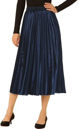 Allegra K Damen Herbst Winter Elastische Hohe Taille Flowy Swing Party Weihnachten Samt Plissee Midi Rock, Dunkelblau, Klein