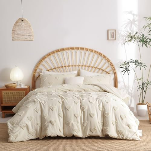Sedefen Housse de Couette Tuftée 220 x 240cm 3 Pièces Beige Forme de Coeur Broderie Parure de Lit Shabby Chic Boho Jacquard Microfibre avec Fermeture Éclair et 2 Taie d'oreiller 65x65cm