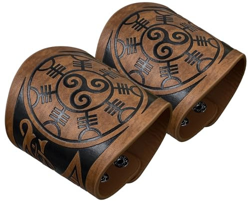 HiiFeuer 2 Stück Wikinger geprägte Kunstleder Manschette Armband, Nordischem Retro Cuff Bracelet Armbänder, Nordic Mjolnir Vegvisir Muster Manschette Armreif Wristband (Vegvisir Braun)