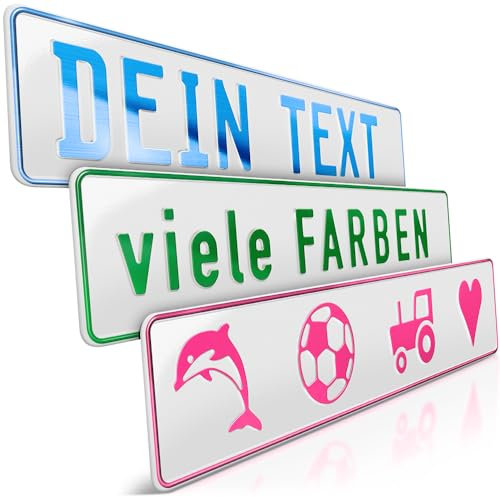 schildEVO 1 Fun-Schild geprägt | Weiß mit Wunschtext bis zu 16 Zeichen | Aluminium Namensschild | Individuelles Fun-Kennzeichen | Bohrlöcher & Saugnäpfe