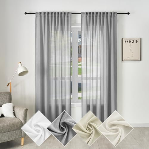 WOLTU Gardine, Schiebegardine für Wohnzimmer Schlafzimmer, mit Kräuselband, Leinenoptik, Halbtransparent Voile modern, 135 x 175 cm, Grau