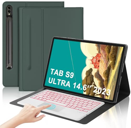 Tastatur für Samsung Galaxy Tab S10 Ultra 2024 con Touchpad, Hülle mit Tastatur Galaxy Tab S10 Ultra/S9 Ultra, Abnehmbarer QWERTZ Beleuchtung Tastatur für Samsung S9/S10 Ultra 14.6 Zoll, Dunkelgrünes