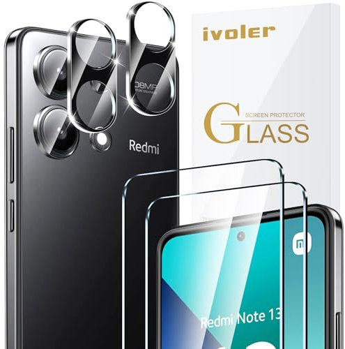 ivoler Pack de 2 Film de Protection d’écran en Verre Trempé pour Xiaomi Redmi Note 13 4G (Pas pour Redmi Note 13 5G), avec 2 Pièces Caméra Arrière Protecteur, Dureté 9H, Anti Rayures, sans Bulles