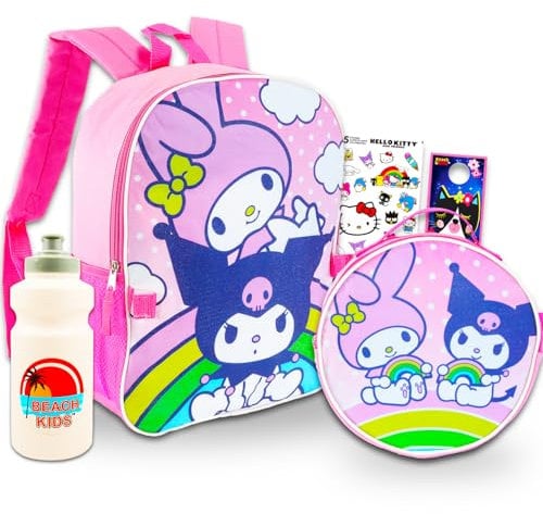My Melody & Kuromi Rucksack und Brotdosen-Set f r M dchen Paket mit 40,6 cm My Melody & Kuromi Rucksack, Lunchtasche, Wasserflasche, Aufklebern, mehr | Hello Kitty und Freunde Rucksack-Set