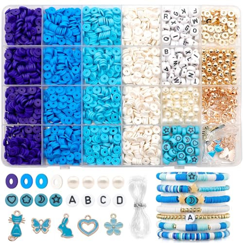 Dotilili 3164 Stück Blau Polymer Clay Perlen Set, 6mm Heishi Perlen Zum Auffädeln Armbänder Selber Machen Set mit Buchstaben Anhänger Perlenset für Armbänder Halskette Ohrringe Schmuck (Blau)