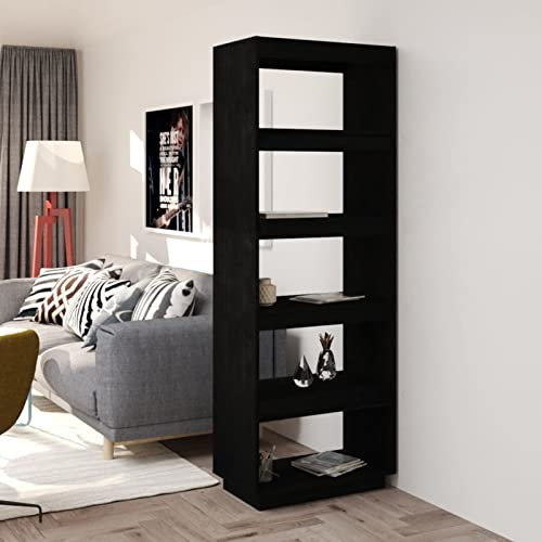 Gecheer Massivholz Kiefer Bücherregal Raumteiler Standregal Aktenregal Wandregal Regal Raumtrenner Bücherschrank Holzregal Schwarz 60 x 35 x 167 cm (W x D x H)