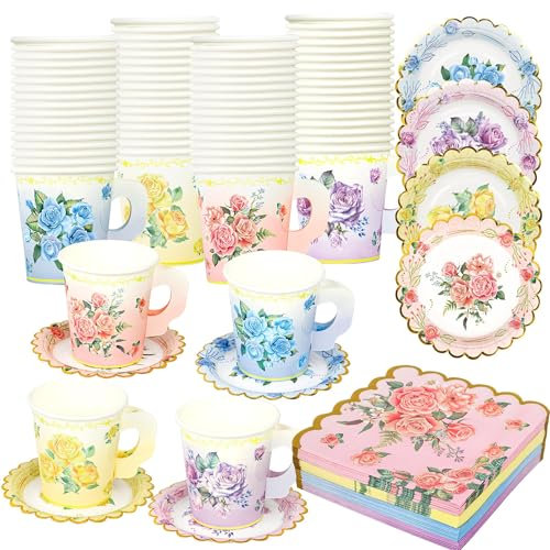 40 Set Floral Tea Cups and Saucers Disposable Tea Party Supplies Colorful Flower Teacups with Handle and Paper Napkins Dinnerware Set for Floral Theme Tea Party Birthday Wedding Bridal Shower Supply