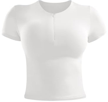 ZAAYO Sport T Shirt Damen Basic Sportshirt Double Lined Y2K Summer Crop Top Gym Top Leichtes Atmungsaktives Sport Tops mit Rundhalsausschnitt Gym Oberteil Yoga Tops Weiß XL