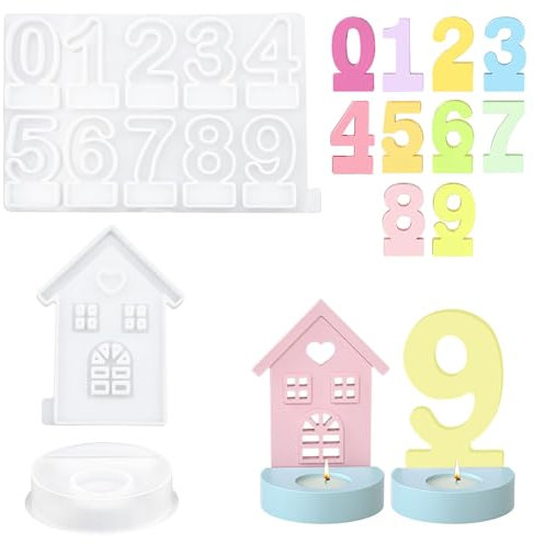 ZOCONE 3 Stück Silikonformen Gießformen Kerzenhalter Haus Zahlen 3D Silikonform Einschieber Gießformen Silikon Häuser Silikonform Zahlen Gießform Kerzenhalter DIY zum Dekorieren Feiertage Weihnachten