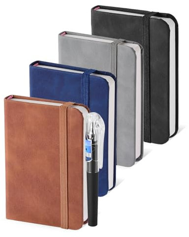 4 Pcs Pocket Notebook Small Note Pads, Pocket Notebook with 4 Pcs Pen, A7 Notebook 11.1 x 7.5 cm, Tiny Notebook with Elasticated Closure, PU Leather Pocket Book for School Business Work Meetings