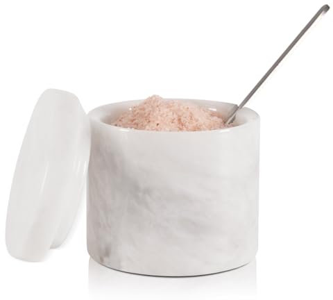 SPESHSTONES Marble Salt Cellar with Lid and Spoon 3 Inch White Handmade Spice Jars for Kitchen Storage - Flaky Salt Holder, Decorative Sugar Bowl & Small Seasoning Containers for Countertop Decor