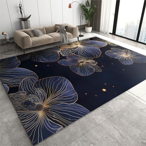SANSJI Dunkelblau Teppiche Gegend, Moderne Blumen Kurzflor Kinderteppich - für Terrasse Garten, Küche, Bad Oder 100 x 200 cm