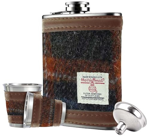 6oz Harris Tweed Hip Flask Winter Gift Set - Shot Glasses, Pour Funnel, Keyring – Stainless Steel Tartan Liquor flasks for Men - Leak Proof lid (Grey with Rust Overcheck)
