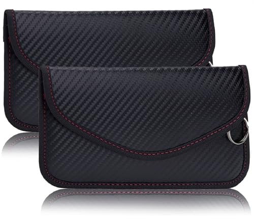 Keyless Go Schutz, 2 Stück Kohlefaser Leder Faraday Bag RFID Blocker Autoschlüssel Hülle Schlüsseletui Schlüsseltasche Klein Strahlenschutz Tasche mit Haken und Schlüsselring