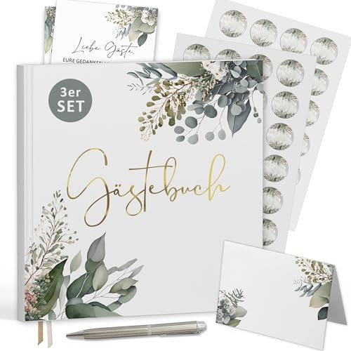 Gästebuch-Set mit goldener Prägung, 50 Aufklebern, 50 Tischkarten – für Hochzeit, Taufe, Jubiläum, Geburtstag – Blanko ohne Fragen zum Ausfüllen 72 Seiten (Gästebuch-Set / Eukalyptus, 21x21cm)