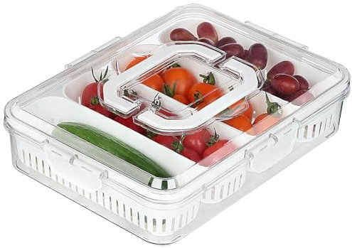IWTTWY Fridge Fresh Food Box, Fresh Food Storage Containers with Lids, cupboard organiser with 4 Pack Removable Colander, Fridge Organisers for Kitchen Ingredients, Fruit, Veggie, Nuts, Snack