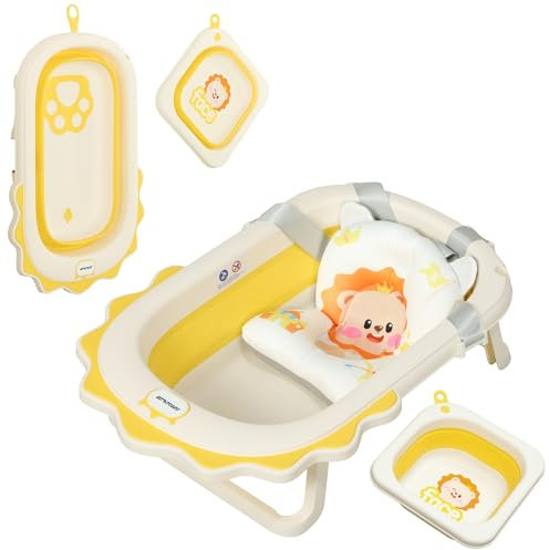 AIYAPLAY Vaschetta Bagnetto Pieghevole per Neonati 0-3 Anni con Cuscinetto e Lavabo, Vasca per Neonati con Fori di Drenaggio, Gancio e Fondo Antiscivolo, in PP, Poliestere e TPE, 80.5x55x20 cm, Giallo