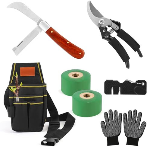 Coltello da Innesto, Cesoie per Giardino Kit Utensili per Innesto con Membrana Innestata Guanti da Giardinaggio, Forbice per Innesti e Potatura, Garden Grafting Tool per Alberi da Frutto/Pianta/Ramo