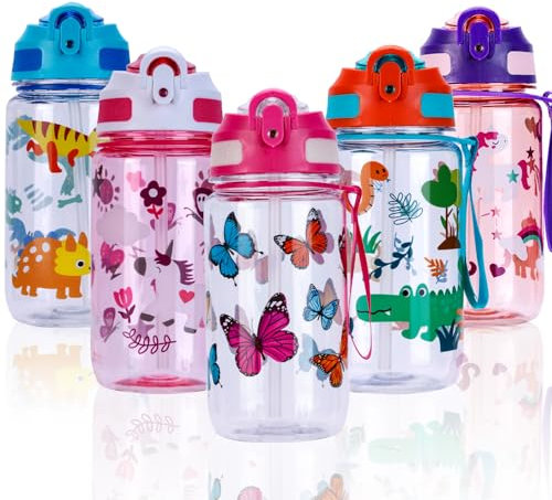 SUPPRUI Kids Water Bottles with Straw & Handle,600ml Toddler Drinks Bottle for School,Leakproof Children's Bottle BPA free Sport Bottles for Girls Boys (Pink - Butterfly)