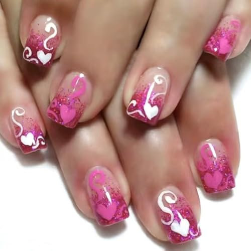 French False Nails Short, SXVME Glitter Pink Press On Nails Square with Pink White Heart Desgin Cute Nude Acrylic Fake Nails Press ons Sparkle Stick on Nails For Women 24 Pcs
