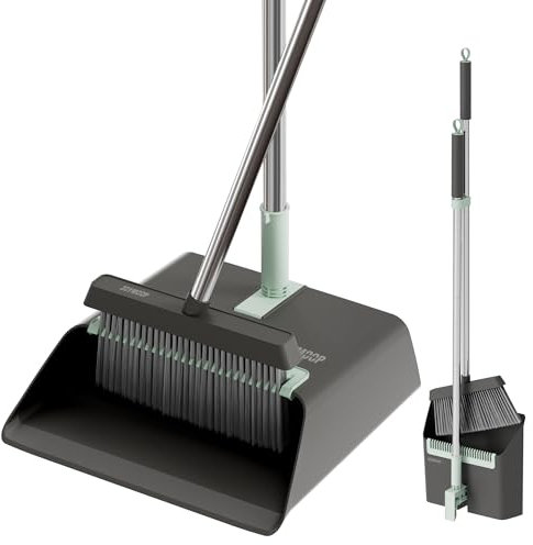 JOYMOOP Black Broom & Dustpan Set, 56 Long Handle, Upright, Built-in Comb, Pet Hair & Hardwood Floor Friendly