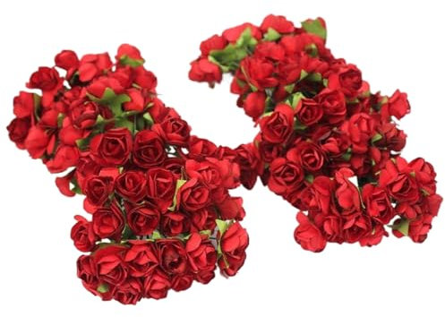 Mskmnkot 144pcs mini rose, rose artificiali rosse di carta vera piante finte con stelo metallico per preparare i centrotavola per capelli da sposa Centrotavola vestito per bouquets festa
