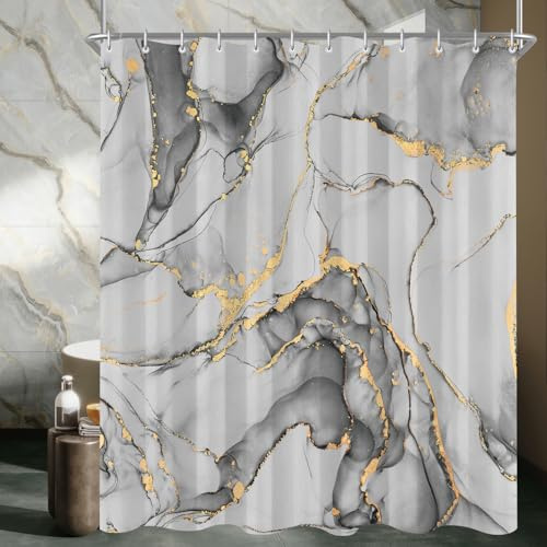 Lerores Duschvorhang 120x200 cm Grauer Marmor, Beschwerter Saum Antischimmel, Wasserabweisend, Waschbar Polyester Badevorhänge mit 8 Ösen und Duschvorhangringen für Badezimmer, Badewanne